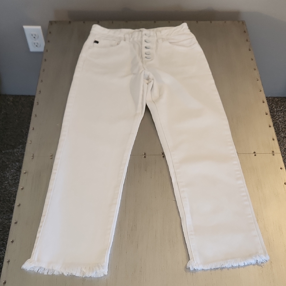 KanCan White Denim Jeans, Straight Leg, Button-fly, Frayed Hem, Size 1/2